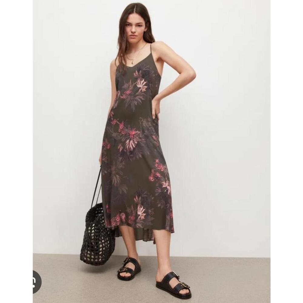 All Saints Olive Slip Dress with Pink Floral Print
